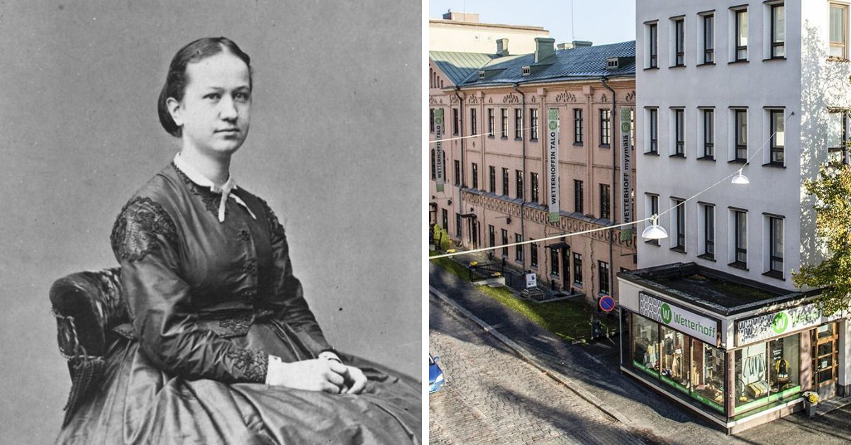 Mustavalkoinen kuva naisesta vuosisadan alusta sekä kuva kerrostalosta.